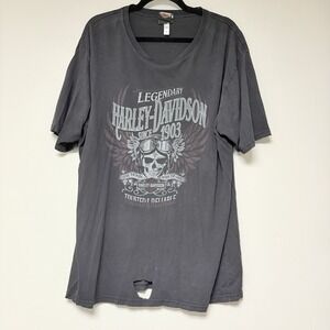 Harley Davidson Mens 2XL Gray Legendary Skull Wings Graphic T Shirt Distressed